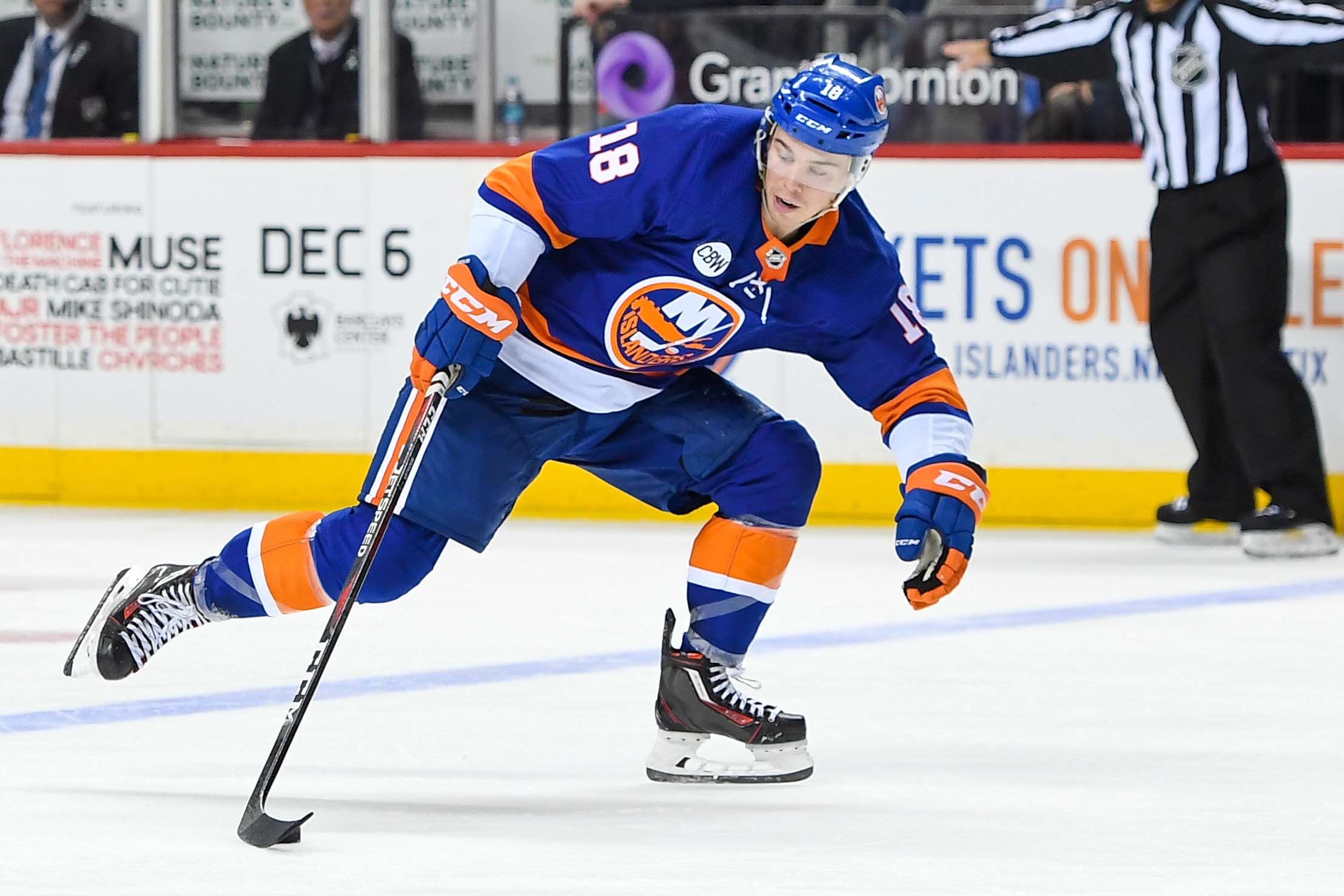 Nov 5, 2018; Brooklyn, NY, USA; New York Islanders center Anthony Beauvillier (18) accepts a pass across the blue against the Montreal Canadiens during the second period at Barclays Center. Mandatory Credit: Dennis Schneidler-USA TODAY Sports