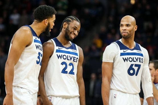 Karl-Anthony Towns, Andrew Wiggins, and Taj Gibson