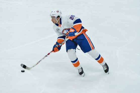 Dec 18, 2018; Glendale, AZ, USA; New York Islanders right wing Joshua Ho-Sang looks to pass during the first period against the Arizona Coyotes at Gila River Arena. Mandatory Credit: Matt Kartozian-USA TODAY Sports
