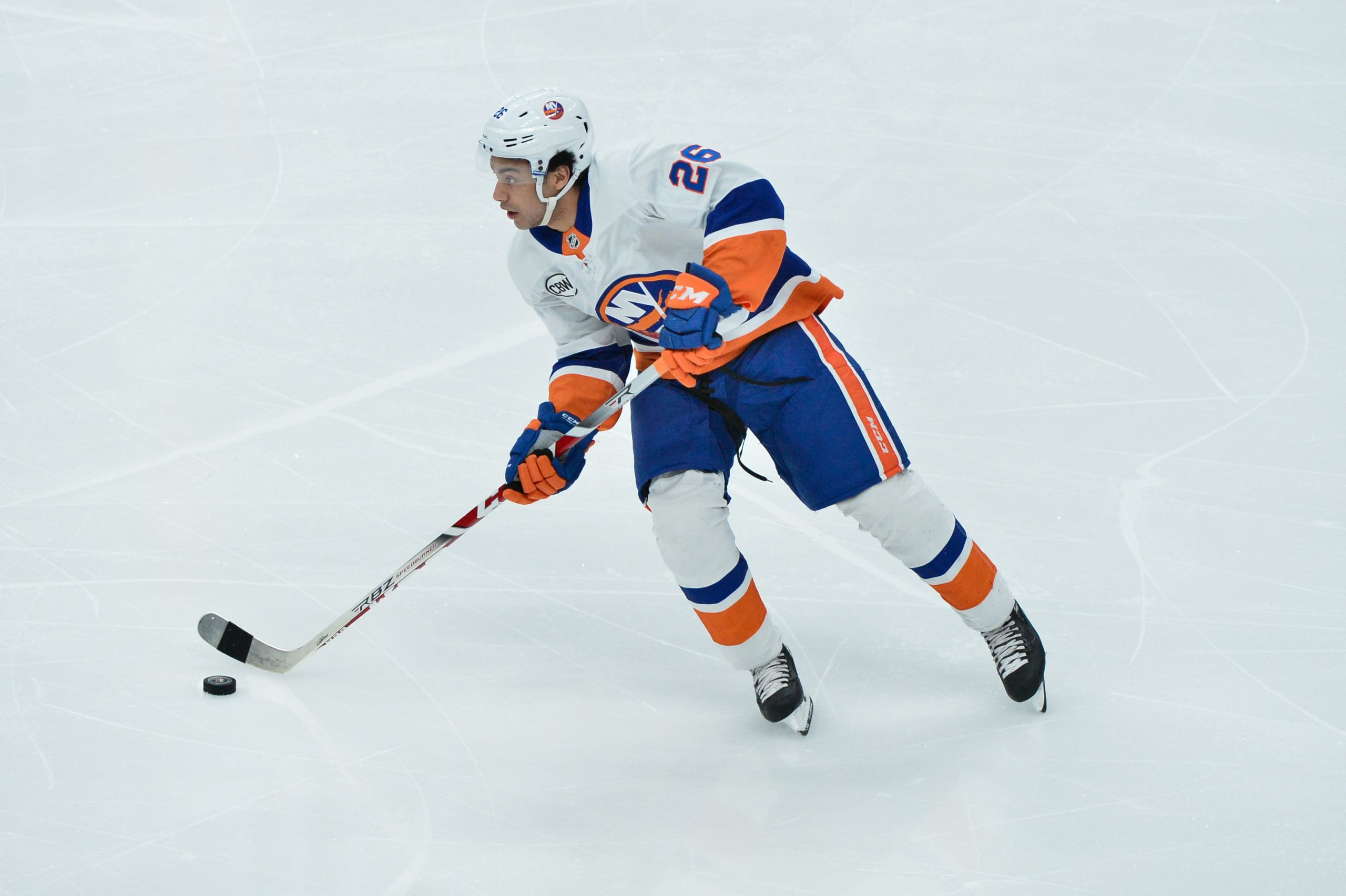 Dec 18, 2018; Glendale, AZ, USA; New York Islanders right wing Joshua Ho-Sang looks to pass during the first period against the Arizona Coyotes at Gila River Arena. Mandatory Credit: Matt Kartozian-USA TODAY Sports