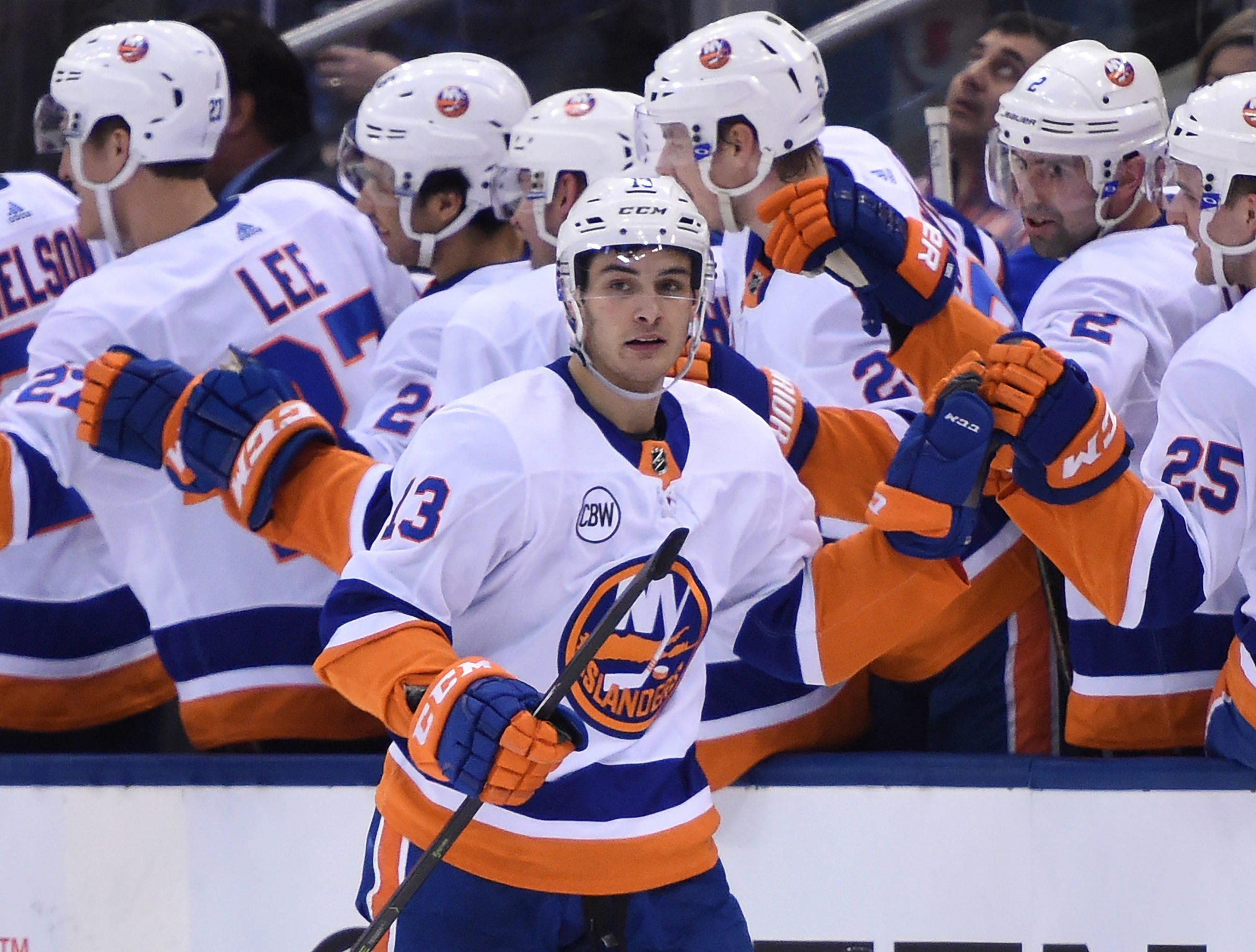 Dec 29, 2018; Toronto, Ontario, CAN; New York Islanders forward Mathew Barzal (13) celebrates a goal against Toronto Maple Leafs in the second period at Scotiabank Arena. Mandatory Credit: Dan Hamilton-USA TODAY Sports
