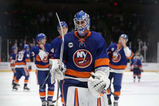 Jan 8, 2019; Uniondale, NY, USA; New York Islanders goalie Thomas Greiss (1) leaves the ice after losing to the Carolina Hurricanes at Nassau Veterans Memorial Coliseum. Mandatory Credit: Brad Penner-USA TODAY Sports