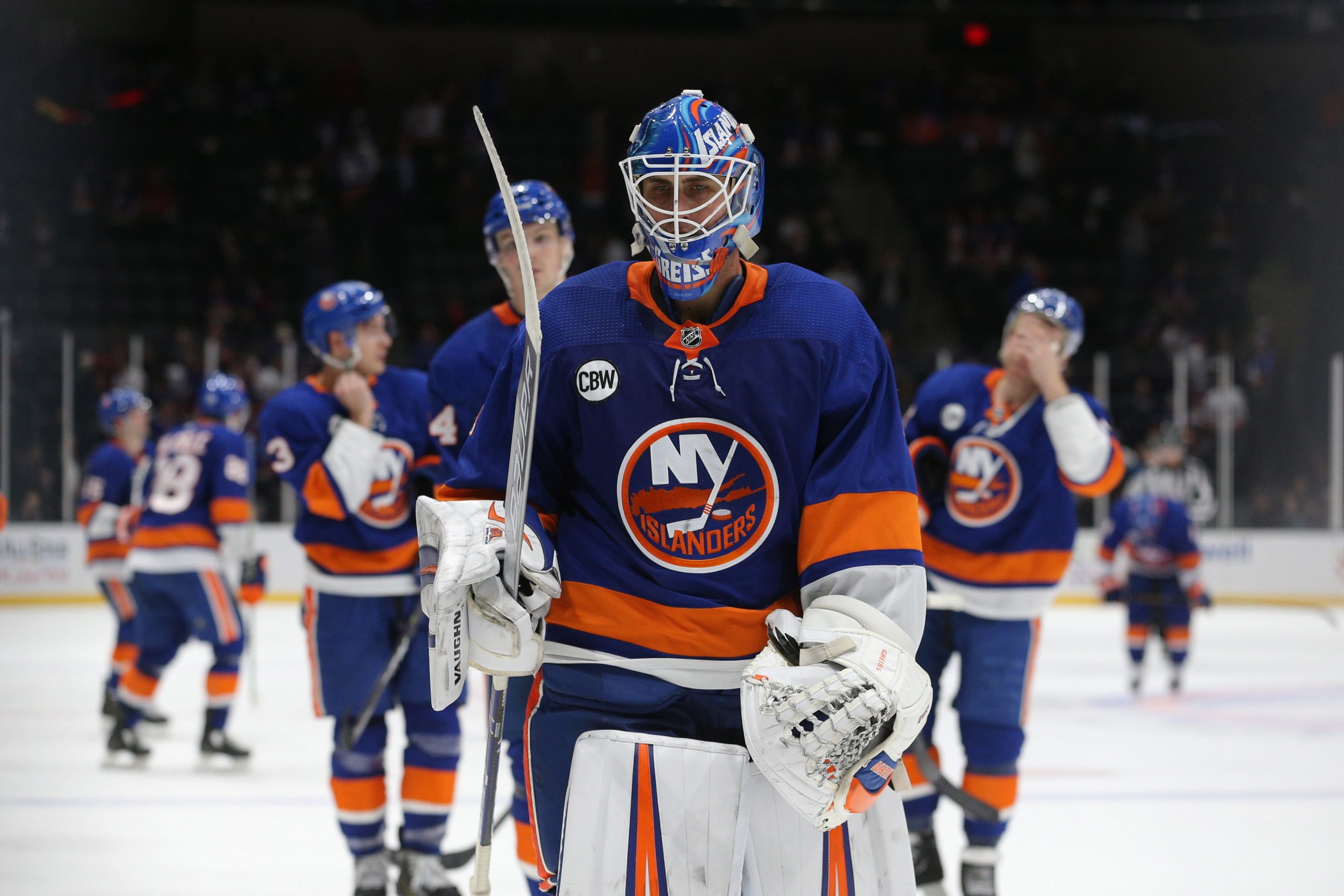 Jan 8, 2019; Uniondale, NY, USA; New York Islanders goalie Thomas Greiss (1) leaves the ice after losing to the Carolina Hurricanes at Nassau Veterans Memorial Coliseum. Mandatory Credit: Brad Penner-USA TODAY Sports