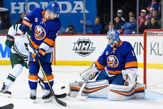 Feb 10, 2019; Brooklyn, NY, USA; New York Islanders goaltender Thomas Greiss (1) makes a save against the ]Minnesota Wild during the third period at Barclays Center. Mandatory Credit: Dennis Schneidler-USA TODAY Sports