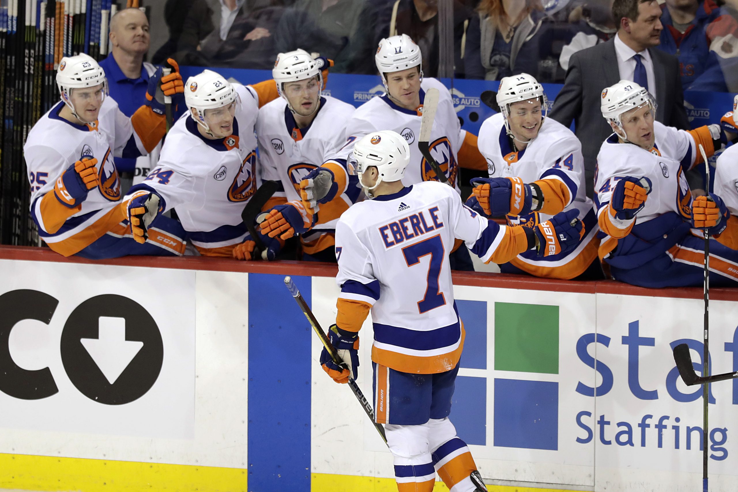 Mar 28, 2019; Winnipeg, Manitoba, CAN; New York Islanders right wing Jordan Eberle (7) celebrates after scoring a third period goal against the Winnipeg Jets at Bell MTS Place. Mandatory Credit: James Carey Lauder-USA TODAY Sports