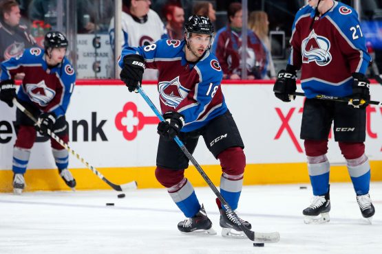 Feb 25, 2019; Denver, CO, USA; Colorado Avalanche center Derick Brassard (18) warms up before the game against the Florida Panthers at the Pepsi Center. Mandatory Credit: Isaiah J. Downing-USA TODAY Sports