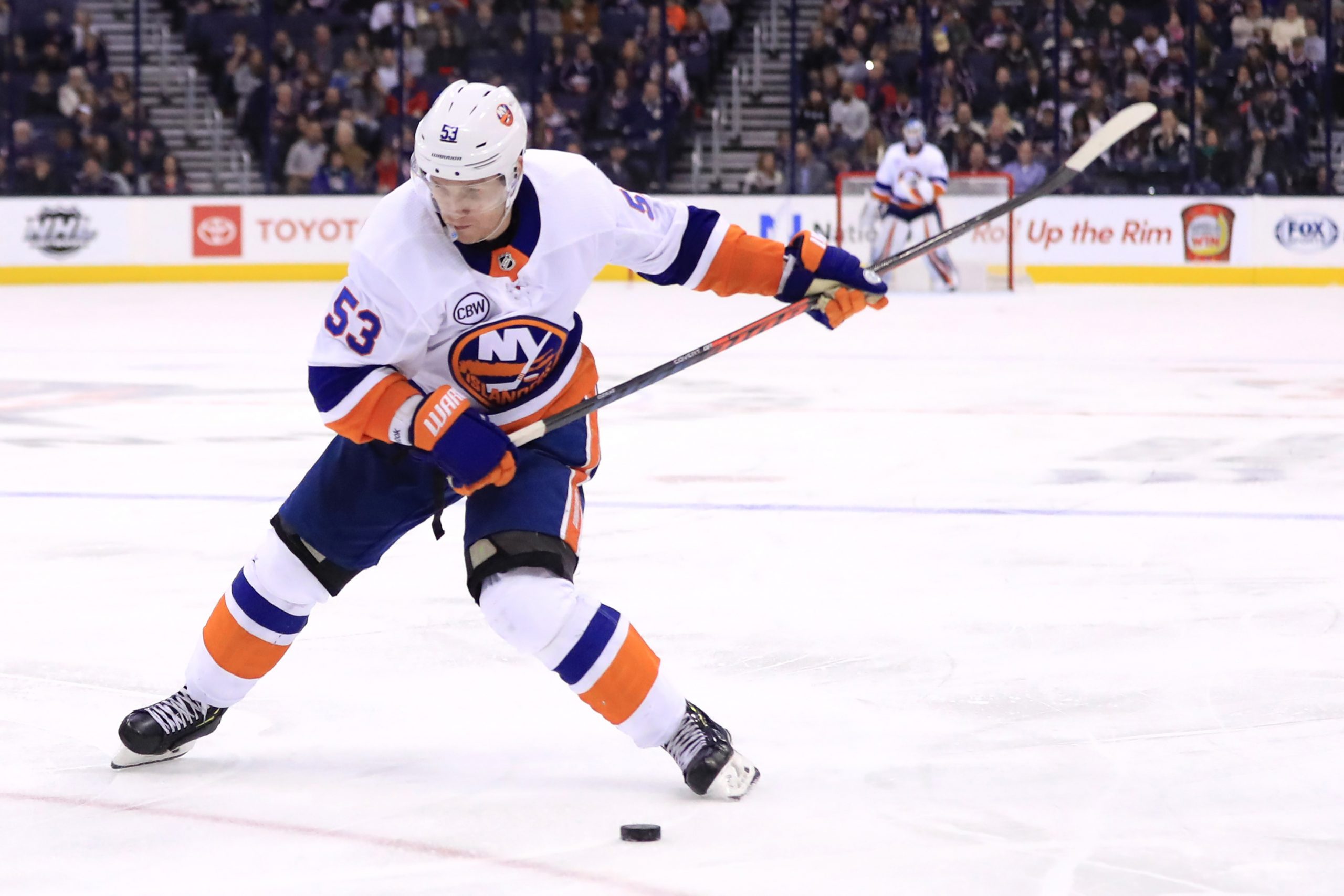 Feb 14, 2019; Columbus, OH, USA; New York Islanders center Casey Cizikas (53) takes a shot against the Columbus Blue Jackets in the third period at Nationwide Arena. Mandatory Credit: Aaron Doster-USA TODAY Sports