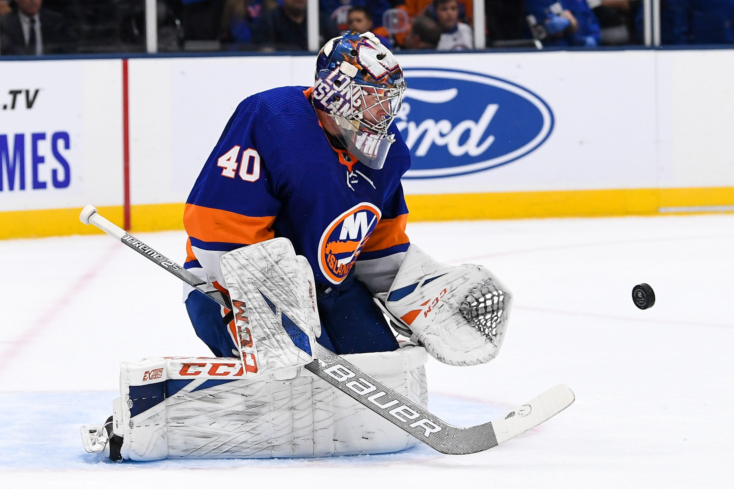 Oct 4, 2019; Uniondale, NY, USA; New York Islanders goaltender Semyon Varlamov (40) makes a save against the against the Washington Capitals during the first period at Nassau Veterans Memorial Coliseum. Mandatory Credit: Dennis Schneidler-USA TODAY Sports