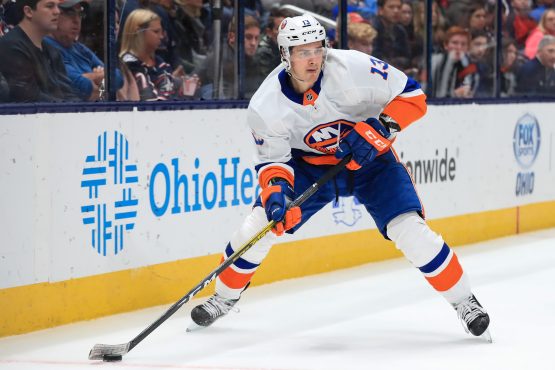 Oct 19, 2019; Columbus, OH, USA; New York Islanders center Mathew Barzal (13) skates with the puck against the Columbus Blue Jackets in the first period at Nationwide Arena. Mandatory Credit: Aaron Doster-USA TODAY Sports