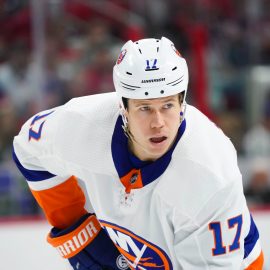 Oct 11, 2019; Raleigh, NC, USA; New York Islanders left wing Matt Martin (17) looks on against the Carolina Hurricanes at PNC Arena. Mandatory Credit: James Guillory-USA TODAY Sports