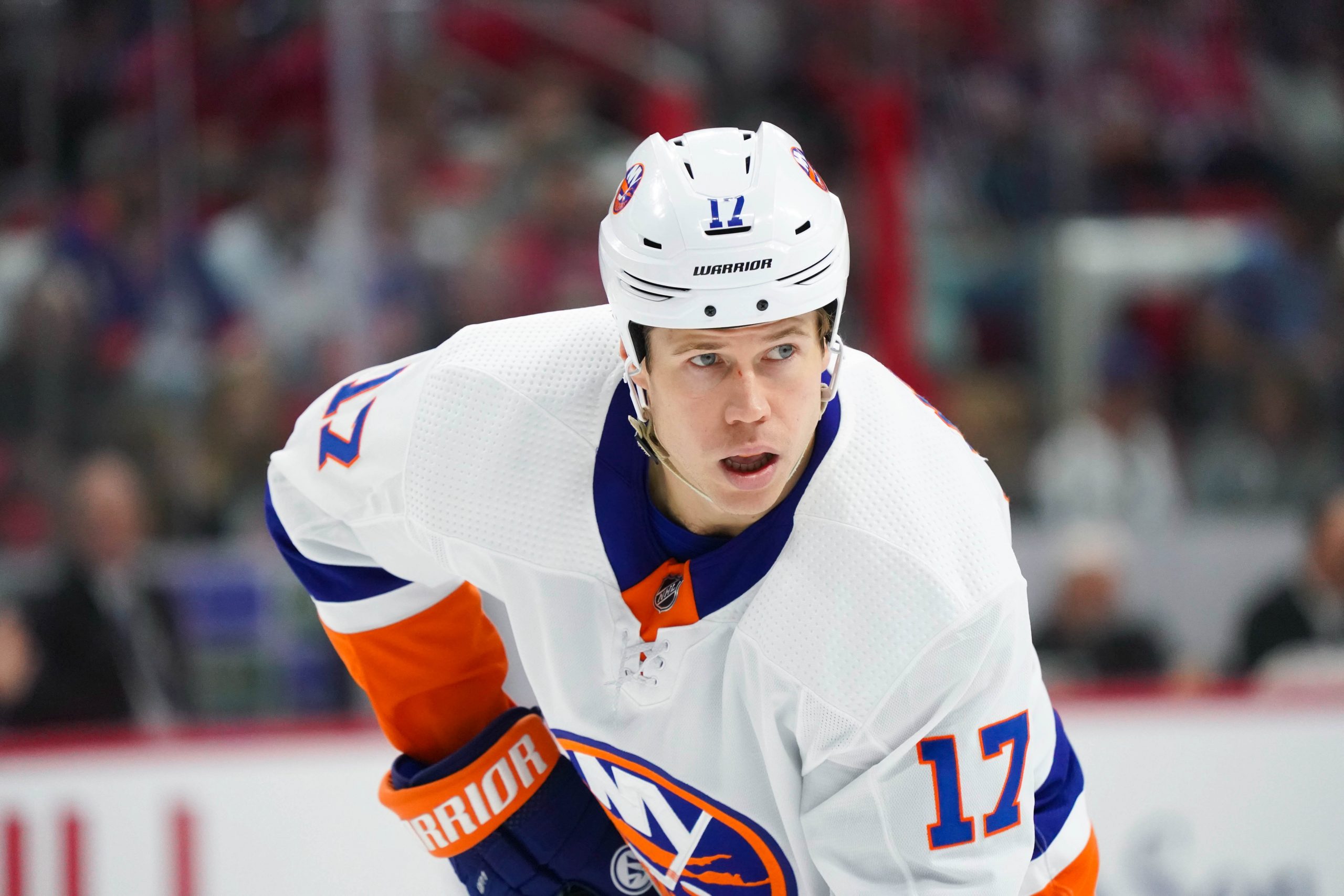 Oct 11, 2019; Raleigh, NC, USA; New York Islanders left wing Matt Martin (17) looks on against the Carolina Hurricanes at PNC Arena. Mandatory Credit: James Guillory-USA TODAY Sports