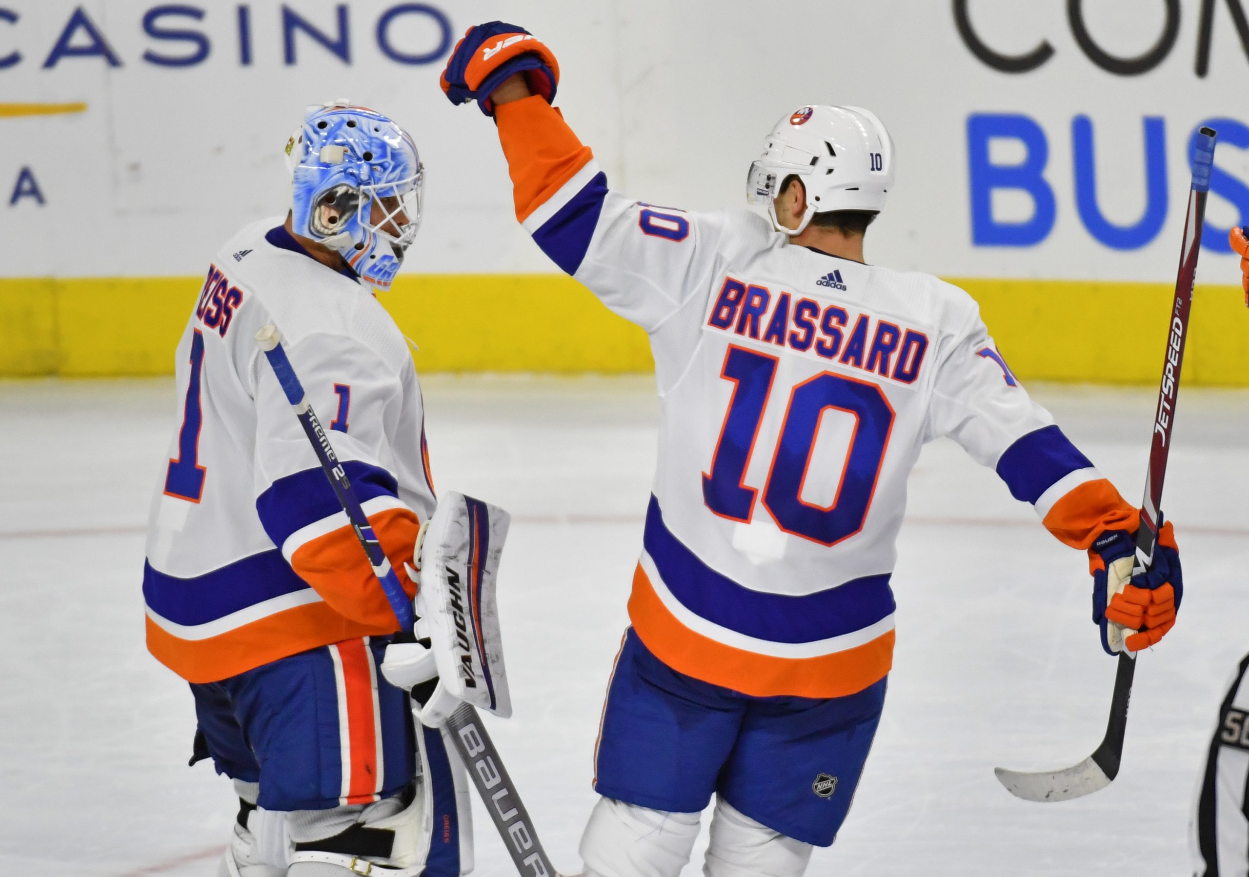 Nov 16, 2019; Philadelphia, PA, USA; New York Islanders goaltender Thomas Greiss (1) and center Derick Brassard (10) celebrate a win against the Philadelphia Flyers during the shootout period at Wells Fargo Center. Mandatory Credit: Eric Hartline-USA TODAY Sports