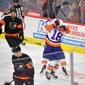 Nov 16, 2019; Philadelphia, PA, USA; New York Islanders left wing Anthony Beauvillier (18) celebrates his game tying goal with center Derick Brassard (10) lduring the third period against the Philadelphia Flyers at Wells Fargo Center. Mandatory Credit: Eric Hartline-USA TODAY Sports