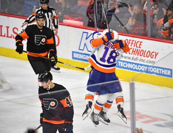 Nov 16, 2019; Philadelphia, PA, USA; New York Islanders left wing Anthony Beauvillier (18) celebrates his game tying goal with center Derick Brassard (10) lduring the third period against the Philadelphia Flyers at Wells Fargo Center. Mandatory Credit: Eric Hartline-USA TODAY Sports