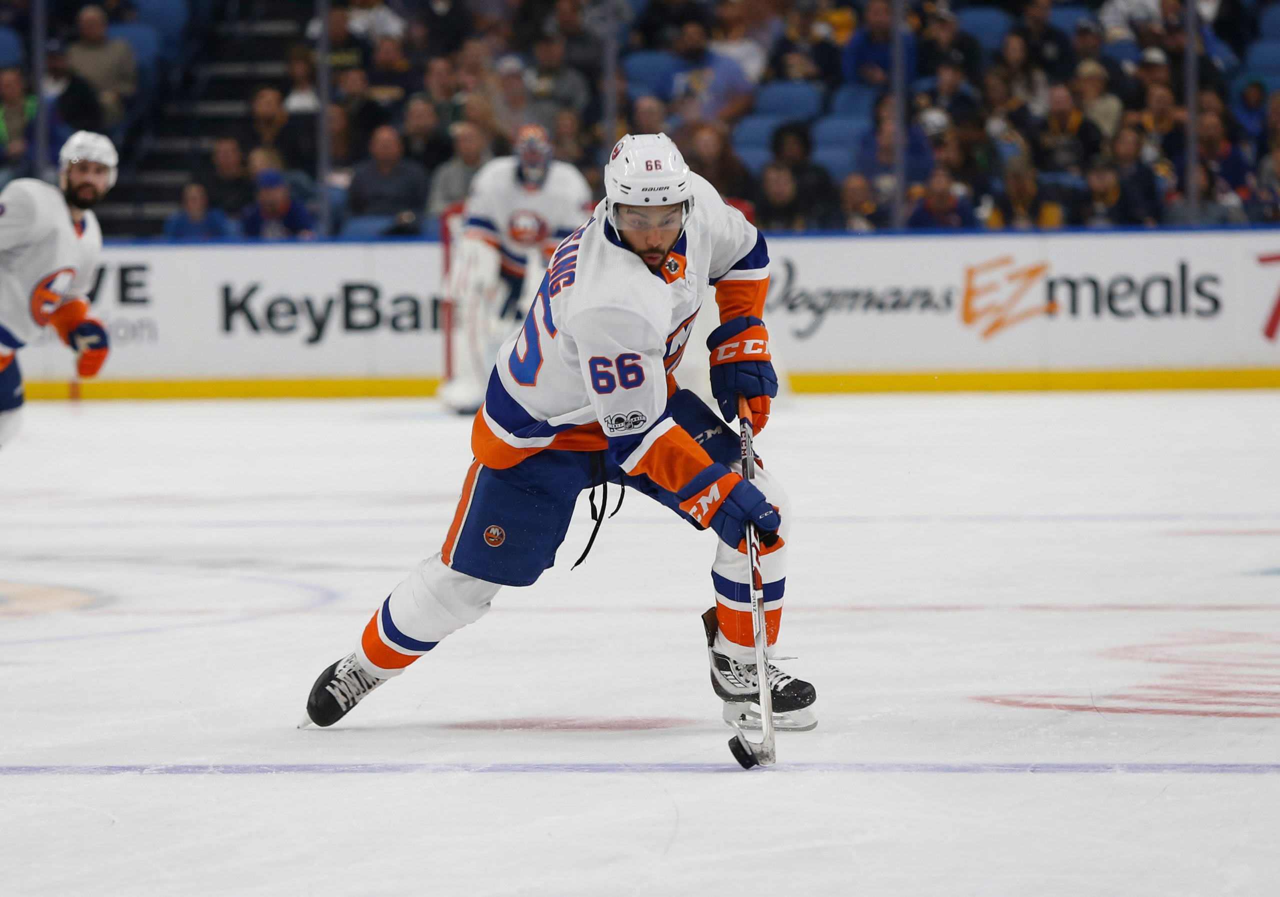 Sep 29, 2017; Buffalo, NY, USA; New York Islanders right wing Josh Ho-Sang (66) against the Buffalo Sabres at KeyBank Center. Mandatory Credit: Timothy T. Ludwig-USA TODAY Sports