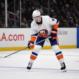 Nov 27, 2019; Los Angeles, CA, USA; New York Islanders defenseman Noah Dobson (8) in the third period against the Los Angeles Kings at Staples Center. The Kings defeated the Islanders 4-1. Mandatory Credit: Kirby Lee-USA TODAY Sports