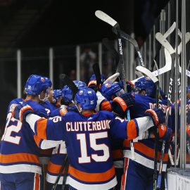 Dec 14, 2019; Uniondale, NY, USA; New York Islanders players celebrate after defeating the Buffalo Sabres at Nassau Veterans Memorial Coliseum. Mandatory Credit: Andy Marlin-USA TODAY Sports