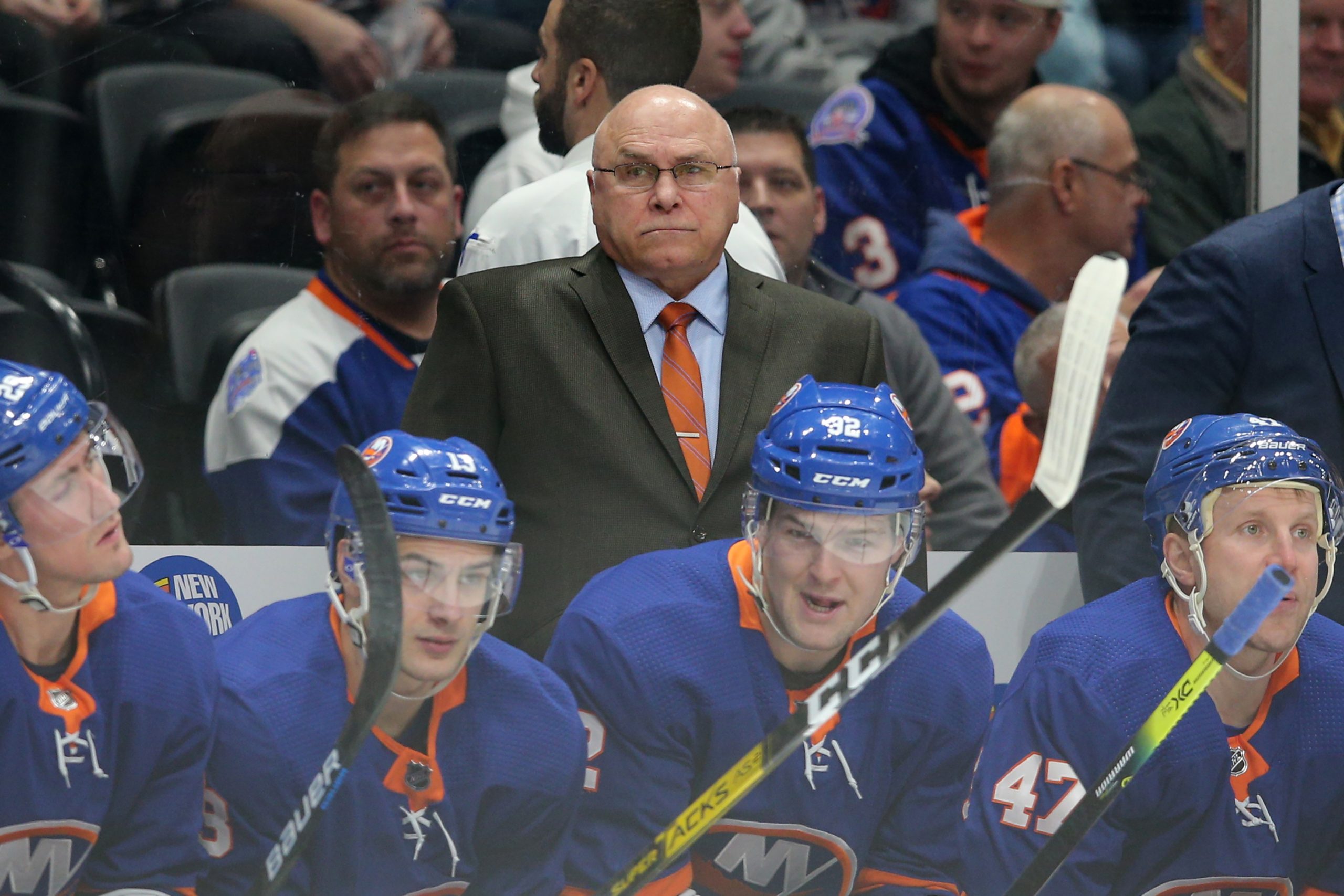 Dec 17, 2019; Uniondale, NY, USA; New York Islanders head coach Barry Trotz coaches against the Nashville Predators during the first period at Nassau Veterans Memorial Coliseum. Mandatory Credit: Brad Penner-USA TODAY Sports