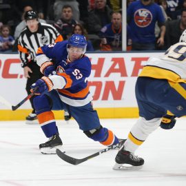 Dec 17, 2019; Uniondale, NY, USA; New York Islanders center Casey Cizikas (53) scores a goal against Nashville Predators defenseman Roman Josi (59) during the second period at Nassau Veterans Memorial Coliseum. Mandatory Credit: Brad Penner-USA TODAY Sports