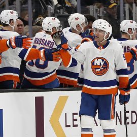 Dec 19, 2019; Boston, MA, USA; New York Islanders defenseman Johnny Boychuk (55) celebrates with teammates on the bench after scoring a goal against the Boston Bruins during the second period at TD Garden. Mandatory Credit: Winslow Townson-USA TODAY Sports
