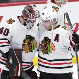 Dec 19, 2019; Winnipeg, Manitoba, CAN; Chicago Blackhawks goaltender Robin Lehner (40) and Chicago Blackhawks right wing Patrick Kane (88) celebrate after defeating the Winnipeg Jets at Bell MTS Place. Mandatory Credit: James Carey Lauder-USA TODAY Sports