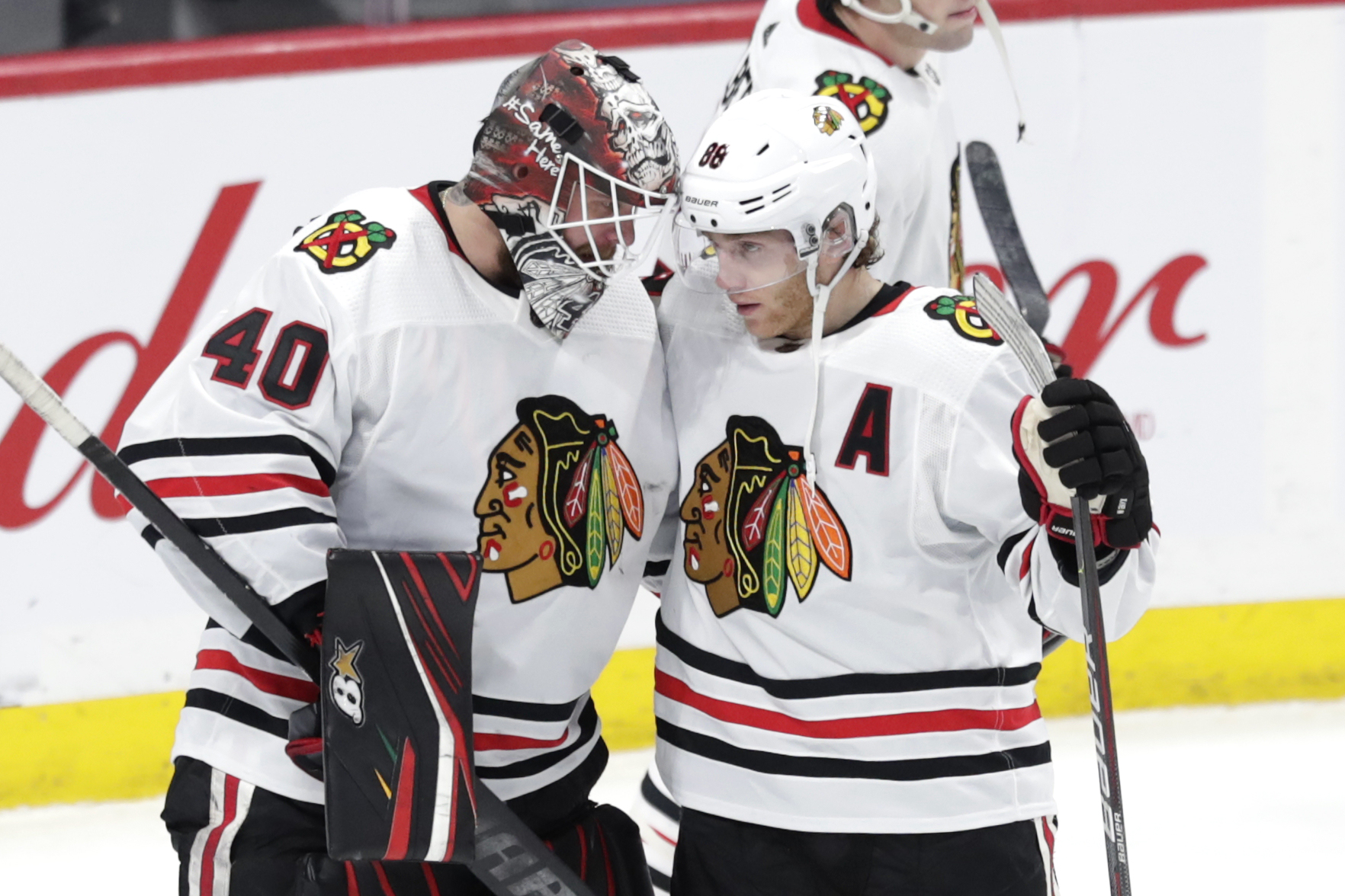 Dec 19, 2019; Winnipeg, Manitoba, CAN; Chicago Blackhawks goaltender Robin Lehner (40) and Chicago Blackhawks right wing Patrick Kane (88) celebrate after defeating the Winnipeg Jets at Bell MTS Place. Mandatory Credit: James Carey Lauder-USA TODAY Sports