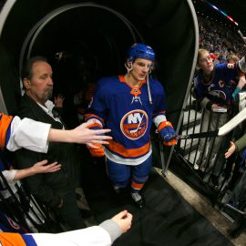 Jan 14, 2020; Uniondale, New York, USA; New York Islanders center Mathew Barzal (13) takes the ice for the second period against the Detroit Red Wings at Nassau Veterans Memorial Coliseum. Mandatory Credit: Brad Penner-USA TODAY Sports