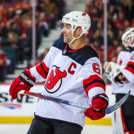 Nov 7, 2019; Calgary, Alberta, CAN; New Jersey Devils defenseman Andy Greene (6) against the Calgary Flames during the first period at Scotiabank Saddledome. Mandatory Credit: Sergei Belski-USA TODAY Sports