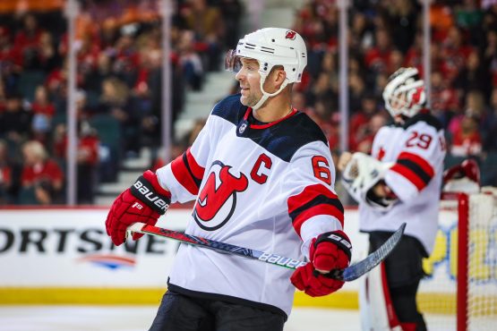 Nov 7, 2019; Calgary, Alberta, CAN; New Jersey Devils defenseman Andy Greene (6) against the Calgary Flames during the first period at Scotiabank Saddledome. Mandatory Credit: Sergei Belski-USA TODAY Sports