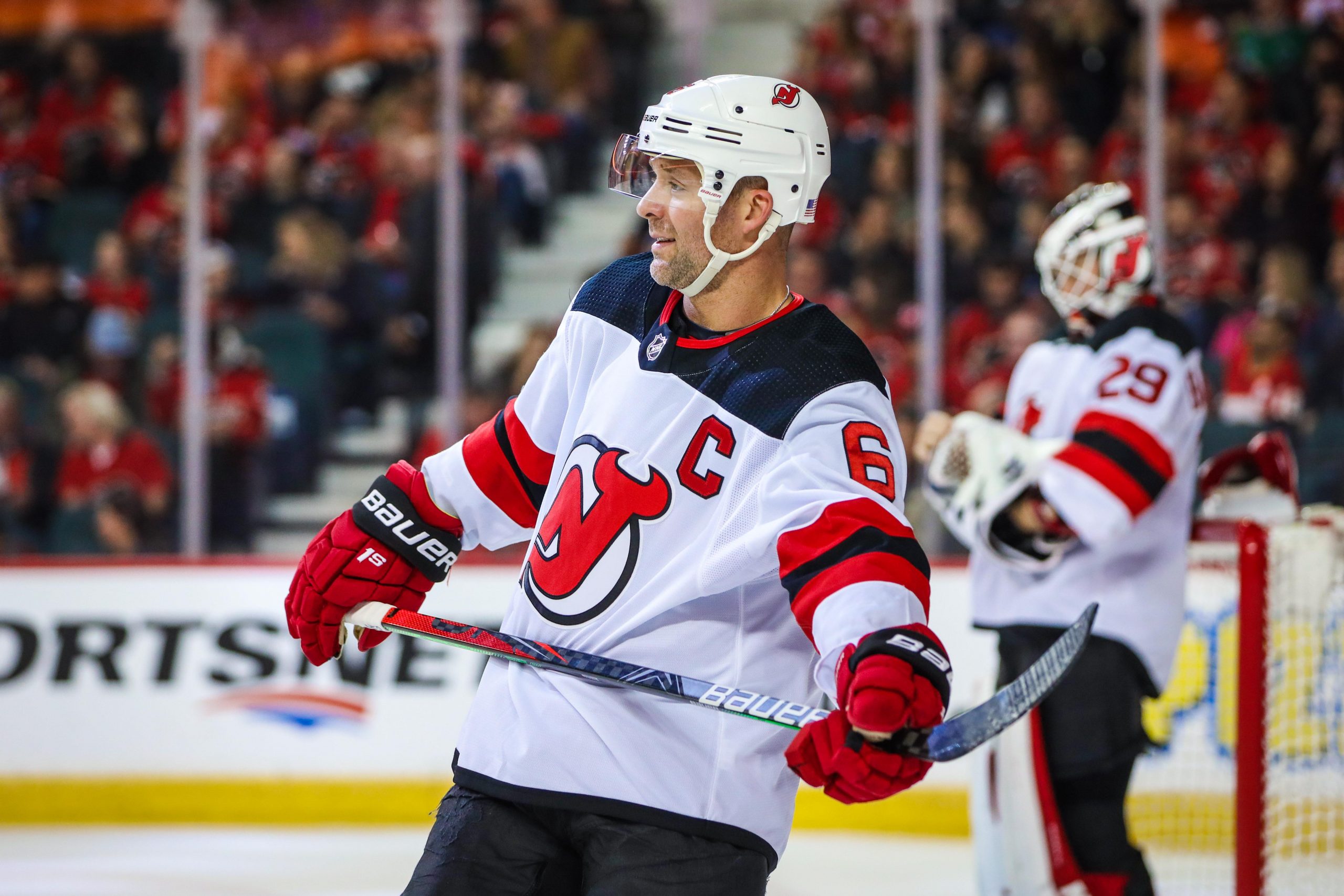 Nov 7, 2019; Calgary, Alberta, CAN; New Jersey Devils defenseman Andy Greene (6) against the Calgary Flames during the first period at Scotiabank Saddledome. Mandatory Credit: Sergei Belski-USA TODAY Sports
