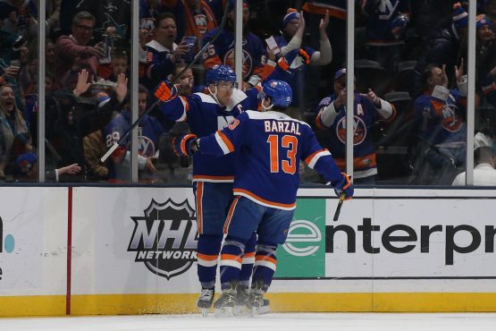 Feb 23, 2020; Uniondale, New York, USA; New York Islanders left wing Anders Lee (27) celebrates his goal against the San Jose Sharks with center Mathew Barzal (13) during the first period at Nassau Veterans Memorial Coliseum. Mandatory Credit: Brad Penner-USA TODAY Sports
