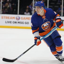 Feb 25, 2020; Uniondale, New York, USA; New York Islanders center Jean-Gabriel Pageau (44) skates against the New York Rangers during the first period at Barclays Center. Mandatory Credit: Brad Penner-USA TODAY Sports