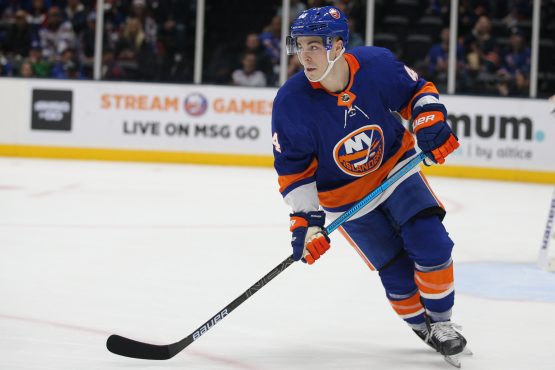 Feb 25, 2020; Uniondale, New York, USA; New York Islanders center Jean-Gabriel Pageau (44) skates against the New York Rangers during the first period at Barclays Center. Mandatory Credit: Brad Penner-USA TODAY Sports