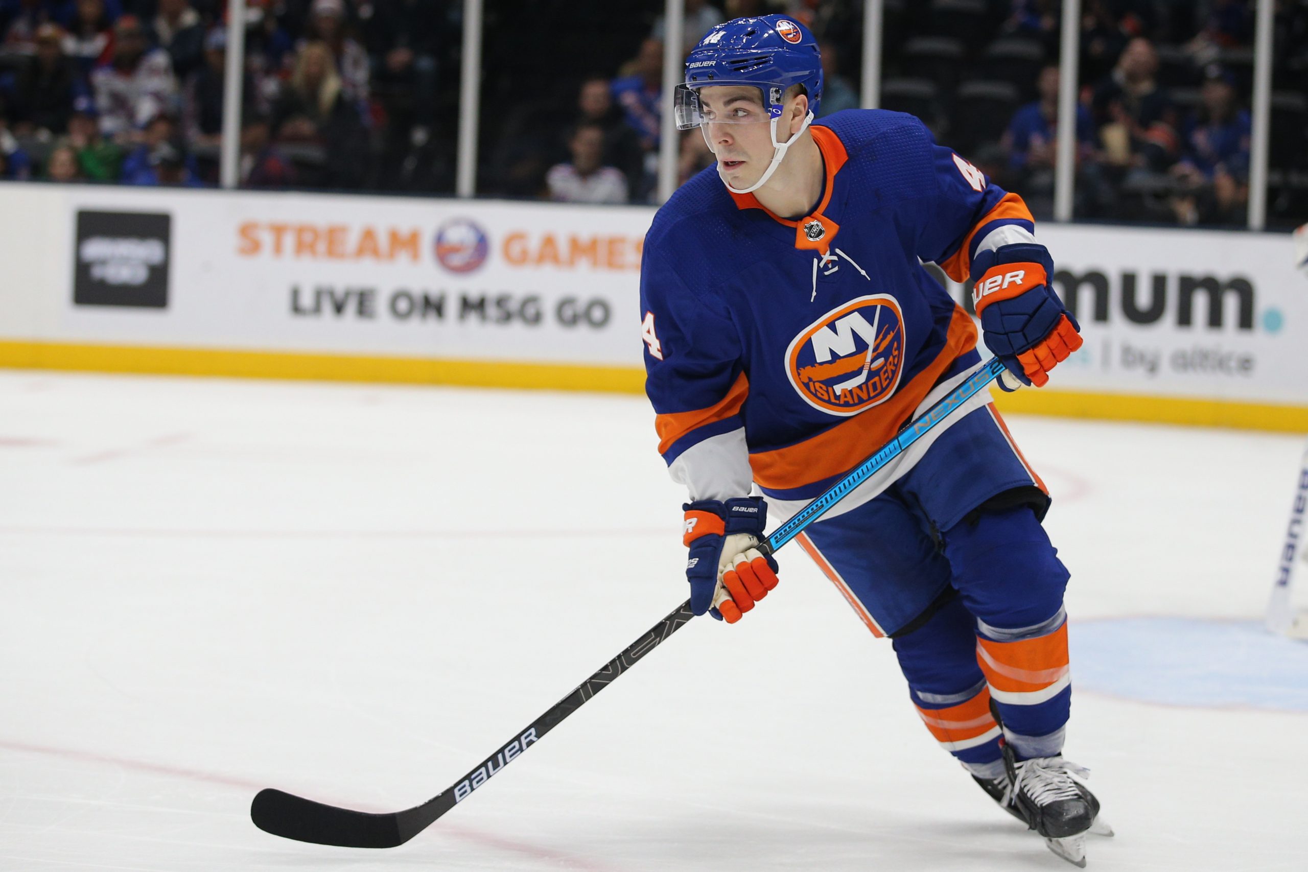 Feb 25, 2020; Uniondale, New York, USA; New York Islanders center Jean-Gabriel Pageau (44) skates against the New York Rangers during the first period at Barclays Center. Mandatory Credit: Brad Penner-USA TODAY Sports