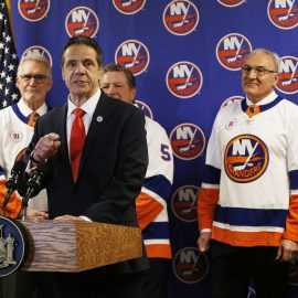 Feb 29, 2020; Uniondale, New York, USA; New York State governor Andrew Cuomo addresses the media announcing that the Islanders will play all this years playoff games and all next years home games at the Nassau Colisuem prior to the game against the Boston Bruins at Nassau Veterans Memorial Coliseum. Mandatory Credit: Andy Marlin-USA TODAY Sports