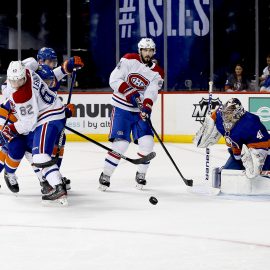 Mar 3, 2020; Brooklyn, New York, USA; New York Islanders goaltender Semyon Varlamov (40) eyes the puck against the Montreal Canadiens during the third period at Barclays Center. Mandatory Credit: Andy Marlin-USA TODAY Sports