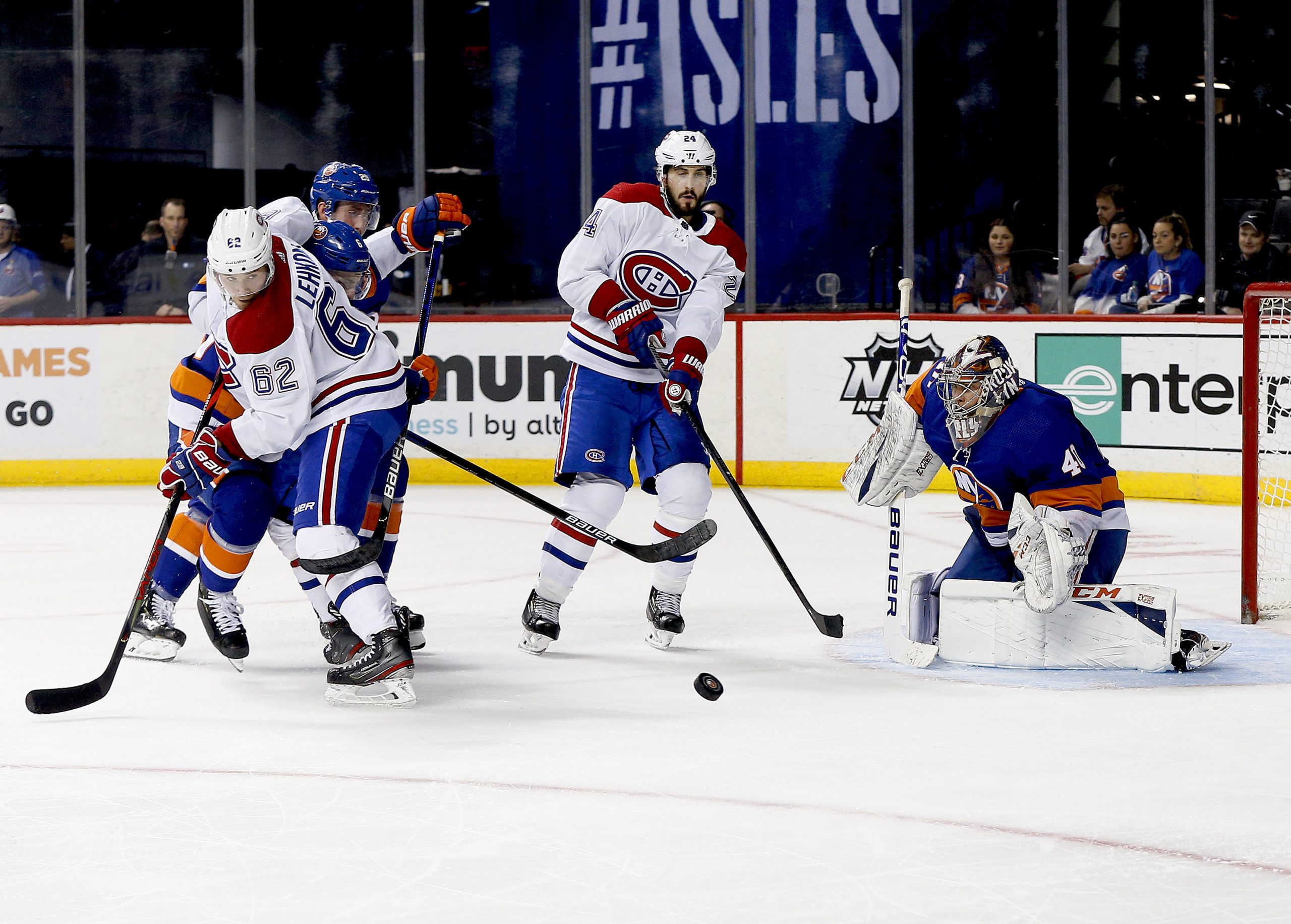 Mar 3, 2020; Brooklyn, New York, USA; New York Islanders goaltender Semyon Varlamov (40) eyes the puck against the Montreal Canadiens during the third period at Barclays Center. Mandatory Credit: Andy Marlin-USA TODAY Sports