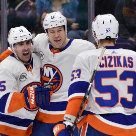 Jan 5, 2019; St. Louis, MO, USA; New York Islanders left wing Matt Martin (17) is congratulated by right wing Cal Clutterbuck (15) and center Casey Cizikas (53) after scoring during the second period against the St. Louis Blues at Enterprise Center. Mandatory Credit: Jeff Curry-USA TODAY Sports