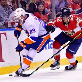 Dec 12, 2019; Sunrise, FL, USA; New York Islanders center Brock Nelson (29) controls the puck from Florida Panthers defenseman MacKenzie Weegar (52) during the first period at BB&T Center. Mandatory Credit: Steve Mitchell-USA TODAY Sports