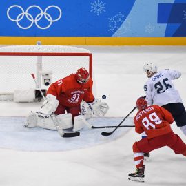 Feb 16, 2018; Gangneung, South Korea; Olympic Athlete of Russia goalkeeper Ilya Sorokin (31) makes a save from a shot by Slovenia forward Jan Urbas (26) during the third period at the Pyeongchang 2018 Olympic Winter Games at Gangneung Hockey Centre. Mandatory Credit: David E. Klutho-USA TODAY Sports