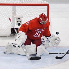 Feb 16, 2018; Gangneung, South Korea; Olympic Athlete of Russia goalkeeper Ilya Sorokin (31) makes a save from a shot by Slovenia forward Jan Urbas (26) during the third period at the Pyeongchang 2018 Olympic Winter Games at Gangneung Hockey Centre. Mandatory Credit: David E. Klutho-USA TODAY Sports