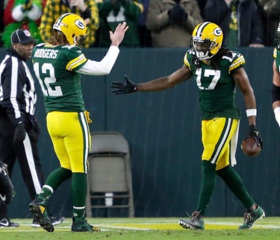 Aaron Rodgers celebrates touchdown with Davante Adams.
