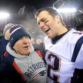Bill Belichick and Tom Brady of the New England Patriots embrace after winning the AFC Championship.