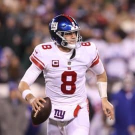 Daniel Jones of the New York Giants rolling out.