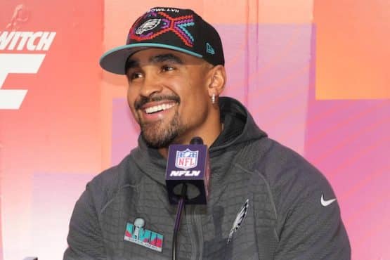 Jalen Hurts of the Philadelphia Eagles on Super Bowl Opening Night.