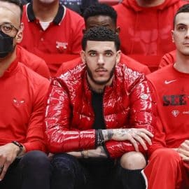 Chicago Bulls guard Lonzo Ball sits down.