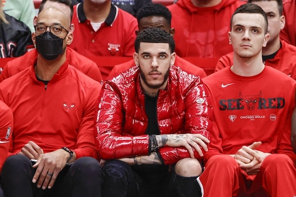 Chicago Bulls guard Lonzo Ball sits down.