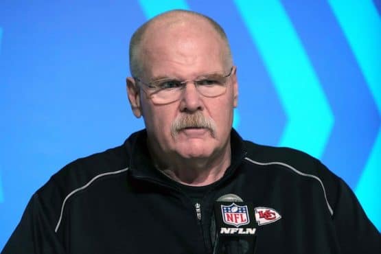 Kansas City Chiefs coach Andy Reid at the podium.