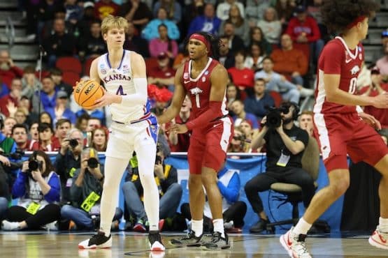 Kansas Jayhawks guard Gradey Dick holds the ball.
