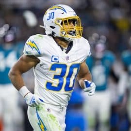 Los Angeles Chargers running back Austin Ekeler jogs.